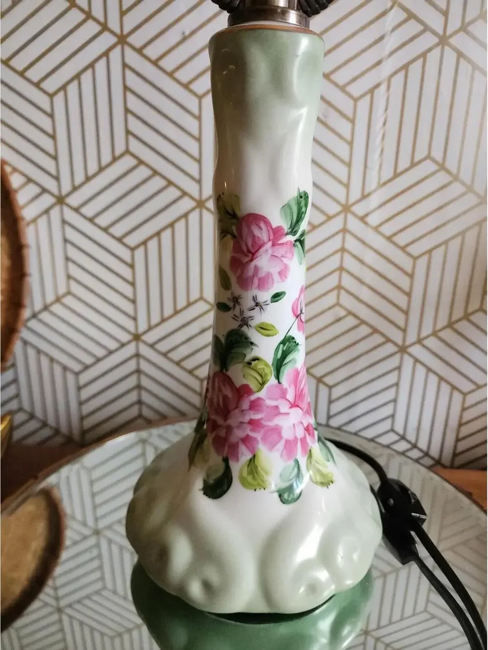 Vintage Ceramic Green Floral Table Lamp With Square Green Shade Cottage Core